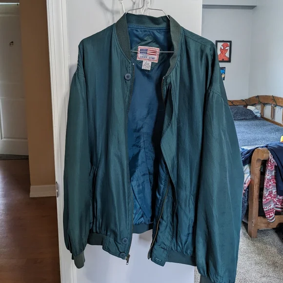 Lucky Star Vintage 100% Silk Luxury Lightweight Unisex Bomber Jacket Size L Teal - Picture 2 of 11